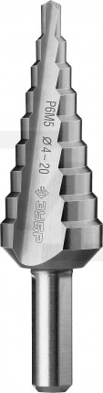 Сверло ЗУБР ступенчатое по сталям и цвет. мет. ст. Р6М5, d=4-20мм, 9ступ. d=4-20, L-75 мм, трехгран. хвост. 8мм 29670-4-20-9_z01