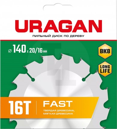 URAGAN Fast 140x20/16мм 16Т, диск пильный по дереву 36800-140-20-16_z01