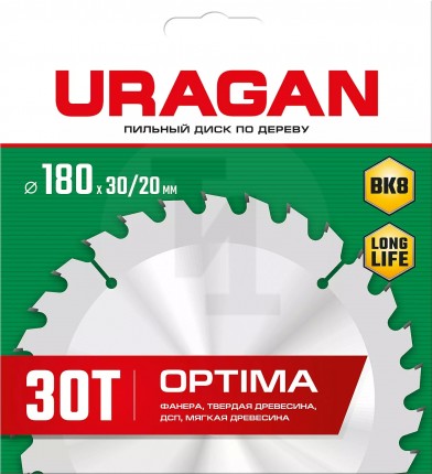 URAGAN Optima 180х30/20мм 30Т, диск пильный по дереву 36801-180-30-30_z01