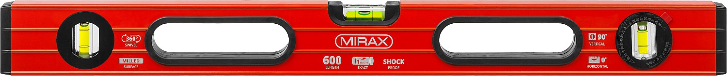 Уровень коробчатый усиленный MIRAX, фрезерованная поверхность, утолщенный профиль, 3 противоударных ампулы (1 поворотная на 360 град), с ручками, 60 с