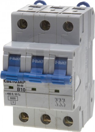 Выключатель автоматический СВЕТОЗАР 3-полюсный, 10 A, "B", откл. сп. 6 кА, 400 В SV-49053-10-B