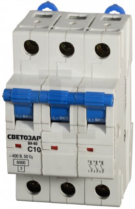 Выключатель автоматический СВЕТОЗАР 3-полюсный, 10 A, "C", откл. сп. 6 кА, 400 В SV-49063-10-C