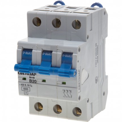 Выключатель автоматический СВЕТОЗАР 3-полюсный, 16 A, "B", откл. сп. 6 кА, 400 В SV-49053-16-B