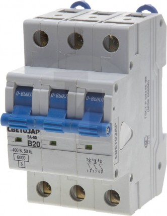 Выключатель автоматический СВЕТОЗАР 3-полюсный, 20 A, "B", откл. сп. 6 кА, 400 В SV-49053-20-B