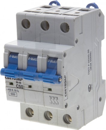 Выключатель автоматический СВЕТОЗАР 3-полюсный, 50 A, "C",откл. сп. 6 кА, 400 В SV-49063-50-C