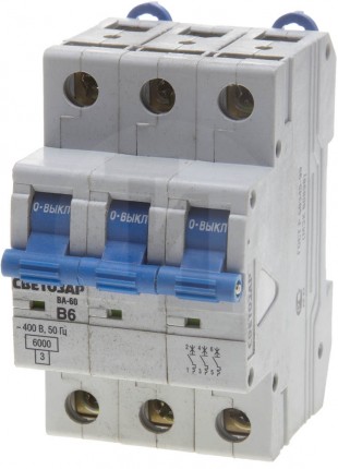 Выключатель автоматический СВЕТОЗАР 3-полюсный, 6 A, "B", откл. сп. 6 кА, 400 В SV-49053-06-B