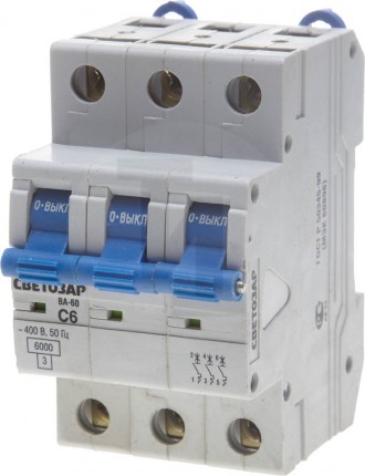 Выключатель автоматический СВЕТОЗАР 3-полюсный, 6 A, "C", откл. сп. 6 кА, 400 В SV-49063-06-C