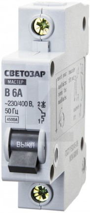 Выключатель СВЕТОЗАР автоматический, 1-полюсный, "B" (тип расцепления), 6 A, 230 / 400 В 49050-06-B