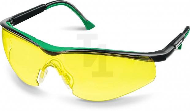 Защитные жёлтые очки KRAFTOOL BASIC стекло-моноблок с покрытием устойчивым к истиранию и запотеванию, открытого типа 110318