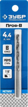 ЗУБР ПРОФ-В 4.4х80мм, Сверло по металлу, сталь Р6М5, класс В 29621-4.4